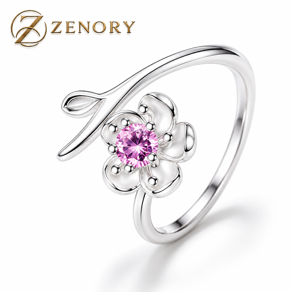 Anel Flor de Aurora em Prata 925 com Zircônia Rosa.