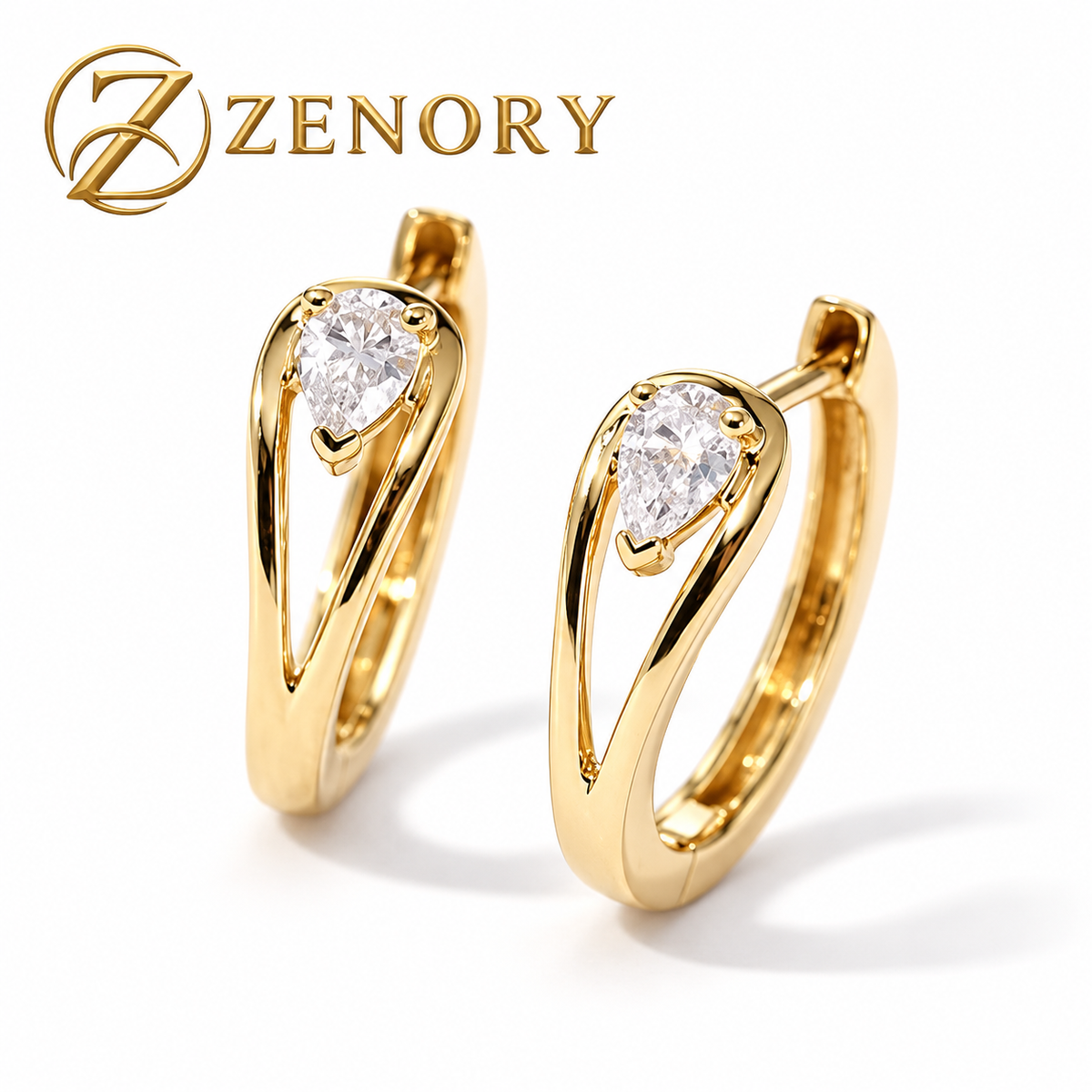 Brinco Argola Zenory Lumière com Zircônia Branca – Elegância Geométrica Dourada