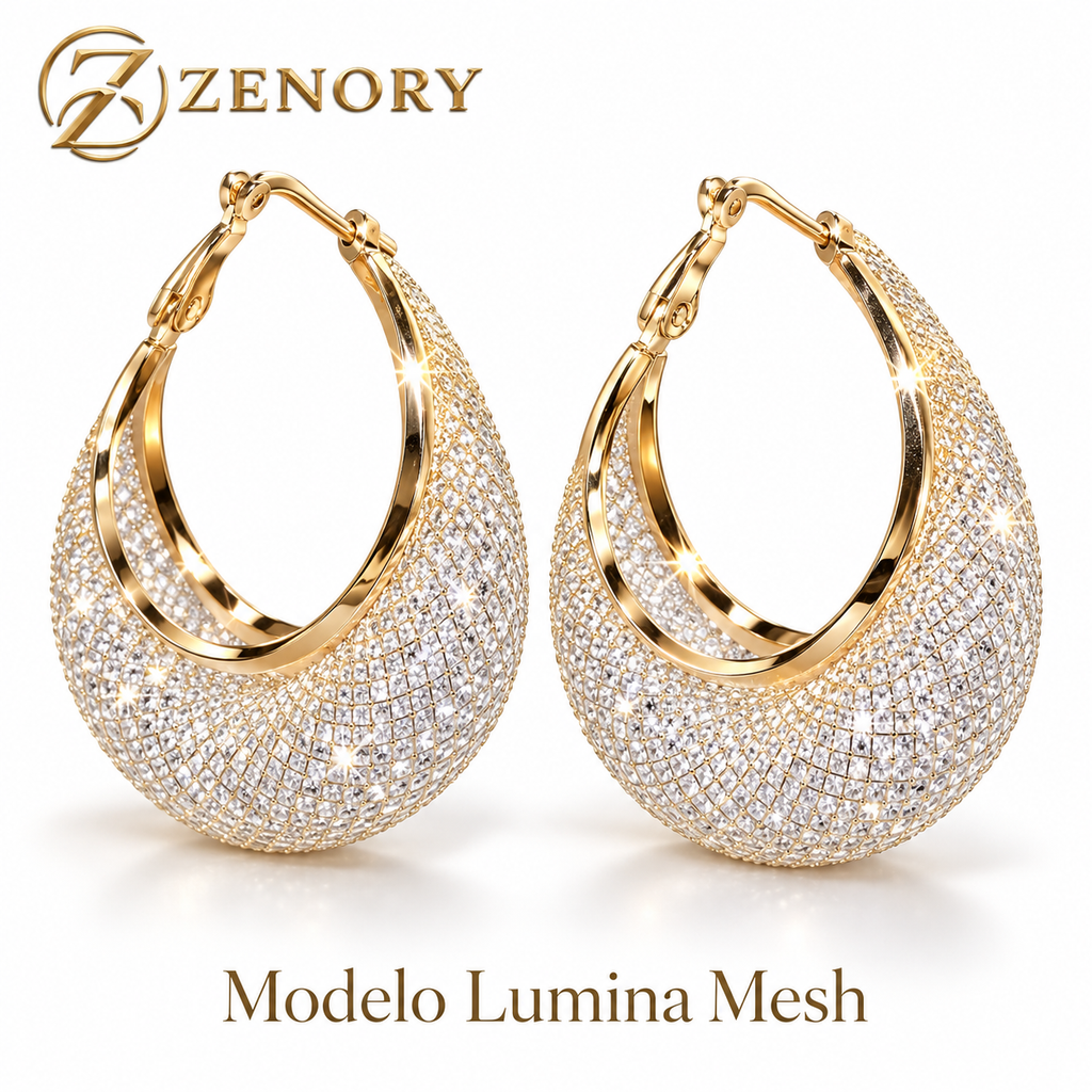 Brinco Argola Zenory Lumina Mesh – Dourado com Pedras Brilhantes e Design Escultural