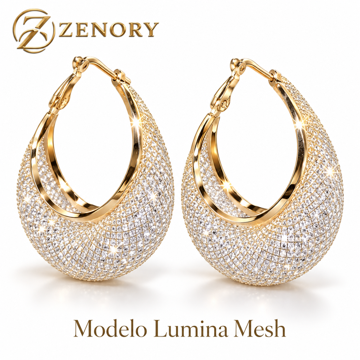 Brinco Argola Zenory Lumina Mesh – Dourado com Pedras Brilhantes e Design Escultural