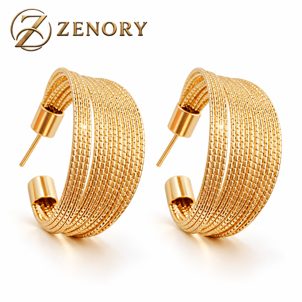 Brinco Zenory Aurea Layers – Dourado Texturizado com Design Multicamadas Elegante