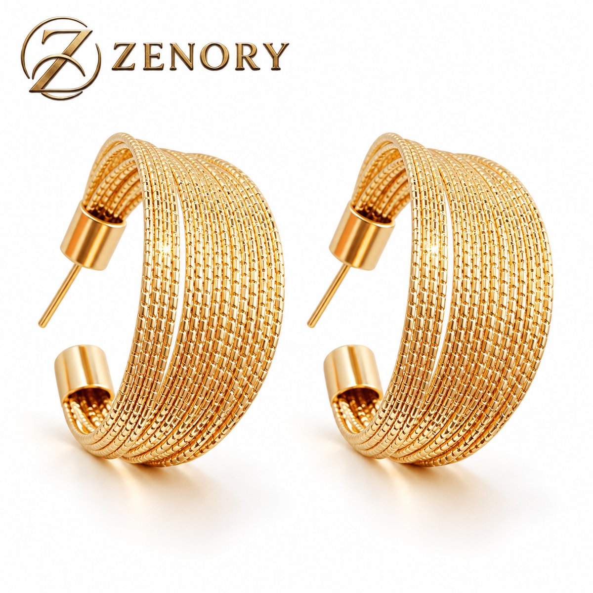 Brinco Zenory Aurea Layers – Dourado Texturizado com Design Multicamadas Elegante