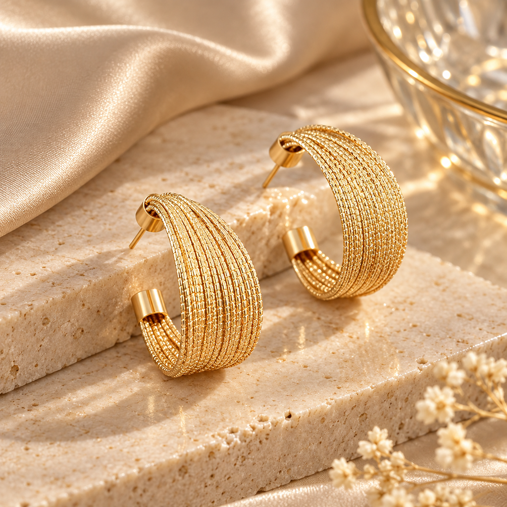 Brinco Zenory Aurea Layers – Dourado Texturizado com Design Multicamadas Elegante
