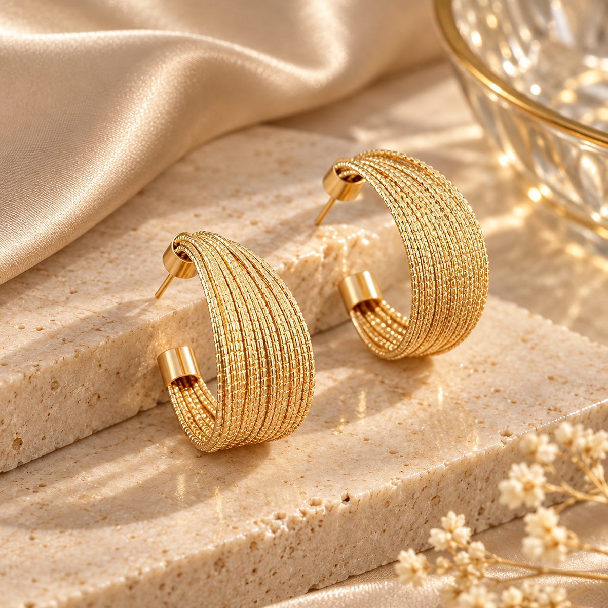 Brinco Zenory Aurea Layers – Dourado Texturizado com Design Multicamadas Elegante