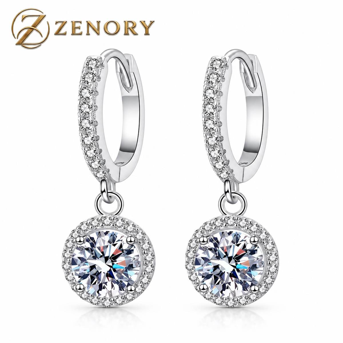 Brinco Argola Zenory em Prata 925 com Moissanita Pendente — 1 Quilate