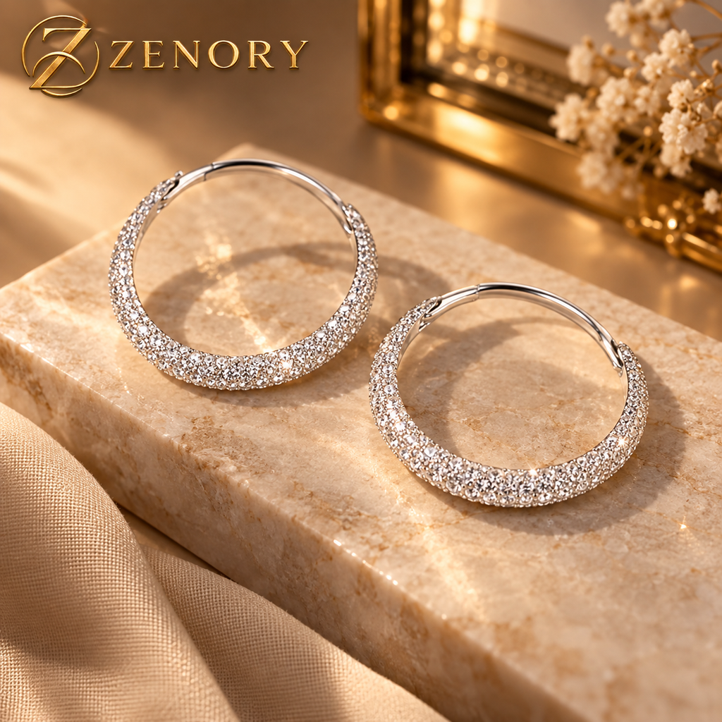 Brincos Lunaire Royale 925 Prata Esterlina – Design Circular Elegante com Zircônias Brilhantes em Estilo Vintage de Luxo Zenory