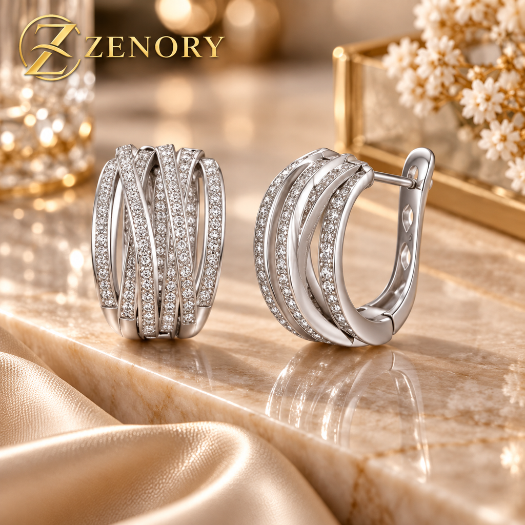 Brinco Argola Feminino ZENORY Lumière em Prata com Cristais de Zircônia – Elegância e Brilho Premium