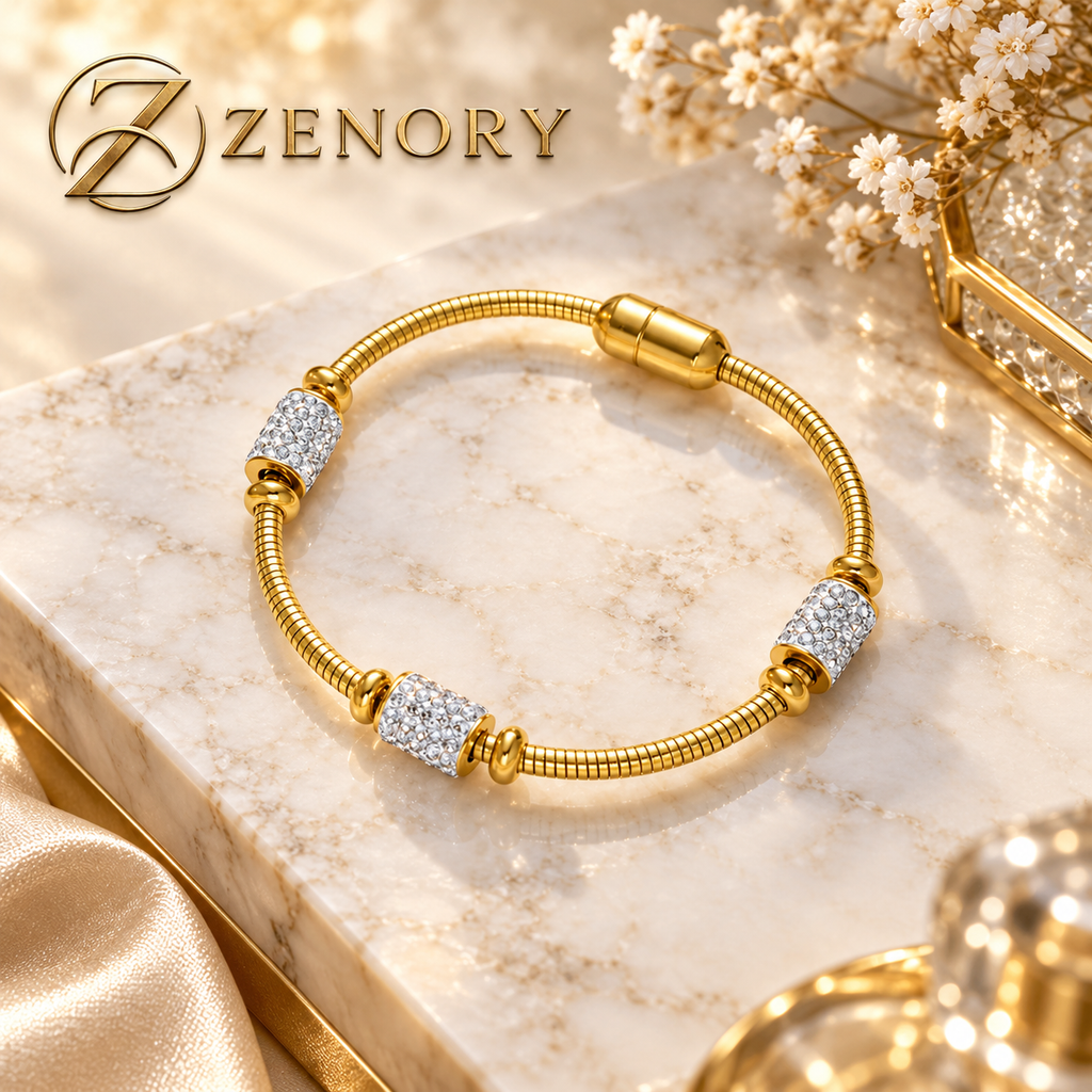 Pulseira Feminina Dourada Luxo em Aço Inox 316L com Zircônia Brilhante - Fecho Magnético Elegante