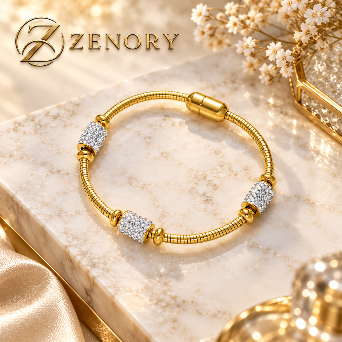 Pulseira Feminina Dourada Luxo em Aço Inox 316L com Zircônia Brilhante - Fecho Magnético Elegante