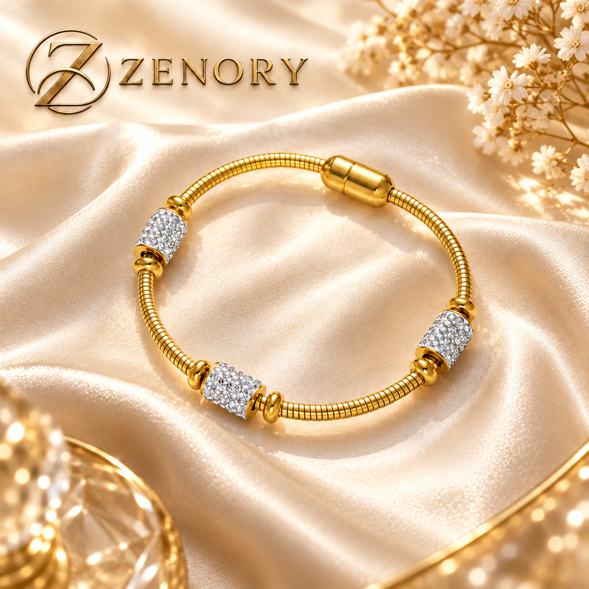 Pulseira Feminina Dourada Luxo em Aço Inox 316L com Zircônia Brilhante - Fecho Magnético Elegante