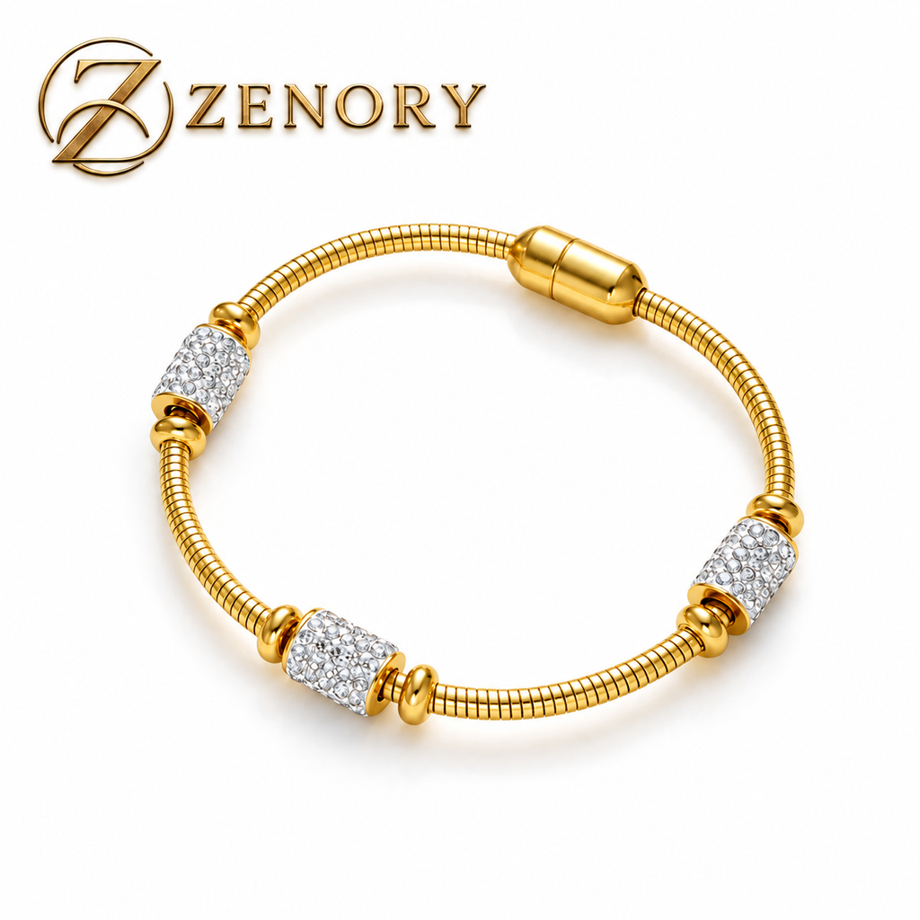 Pulseira Feminina Dourada Luxo em Aço Inox 316L com Zircônia Brilhante - Fecho Magnético Elegante