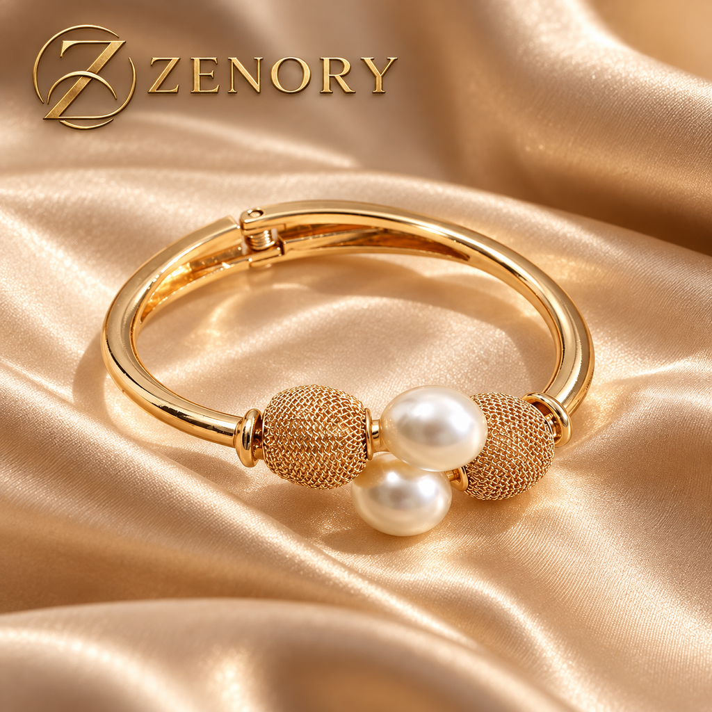 Pulseira Feminina Zenory Pérola Elegante com Design Geométrico Dourado