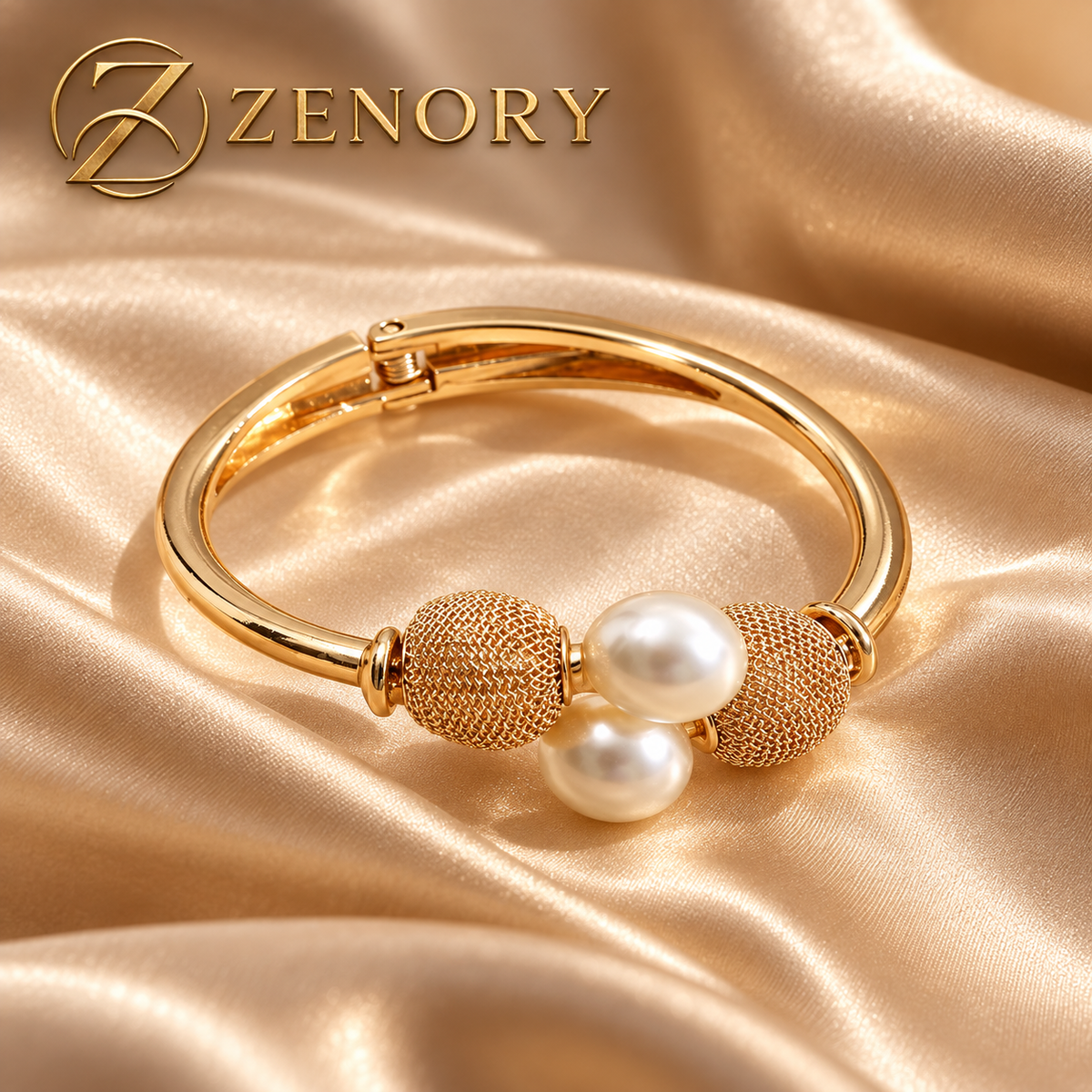 Pulseira Feminina Zenory Pérola Elegante com Design Geométrico Dourado