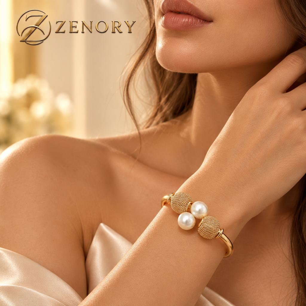 Pulseira Feminina Zenory Pérola Elegante com Design Geométrico Dourado