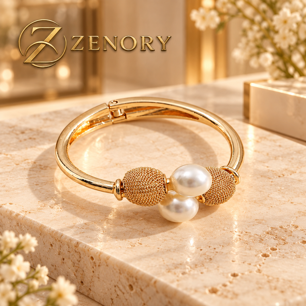 Pulseira Feminina Zenory Pérola Elegante com Design Geométrico Dourado