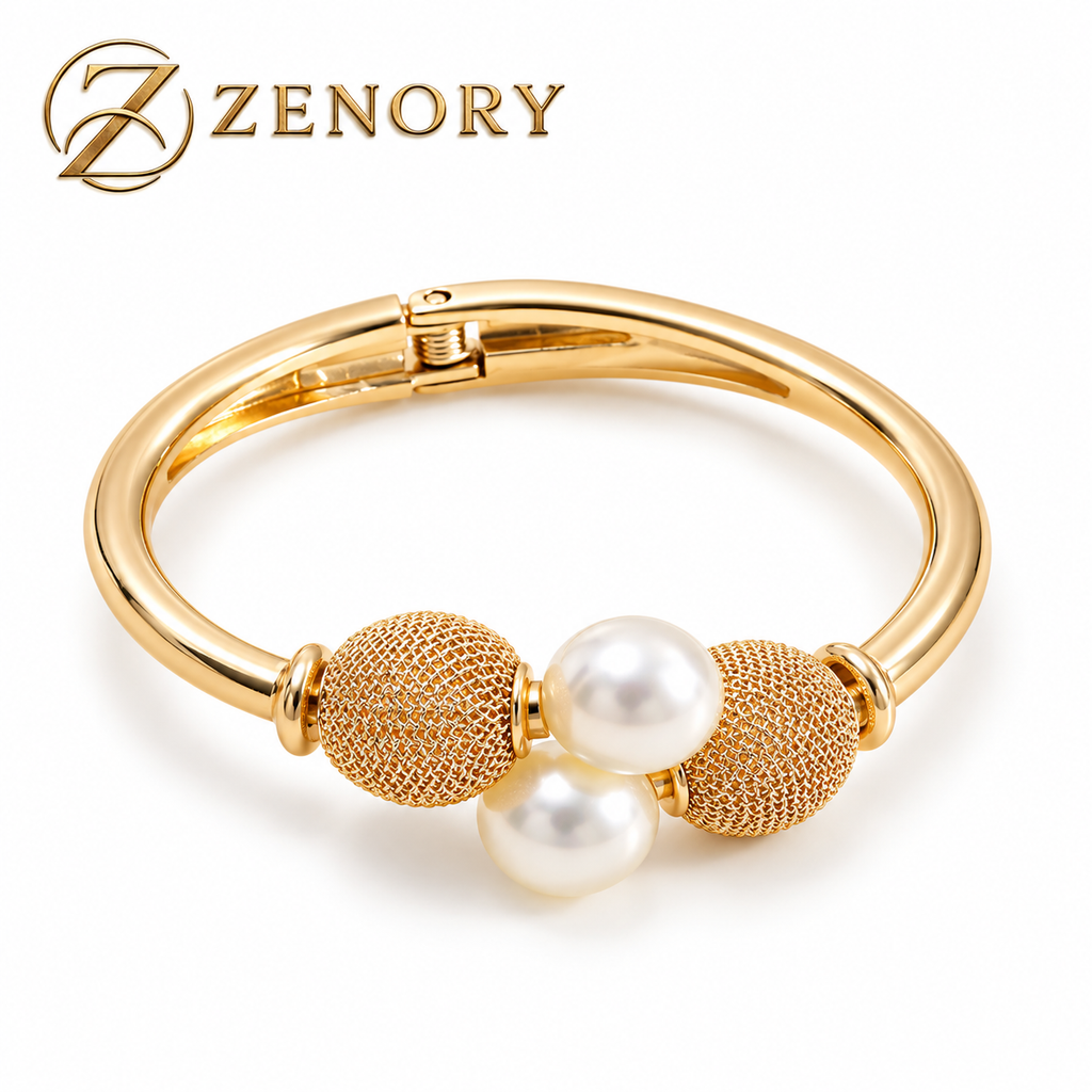 Pulseira Feminina Zenory Pérola Elegante com Design Geométrico Dourado