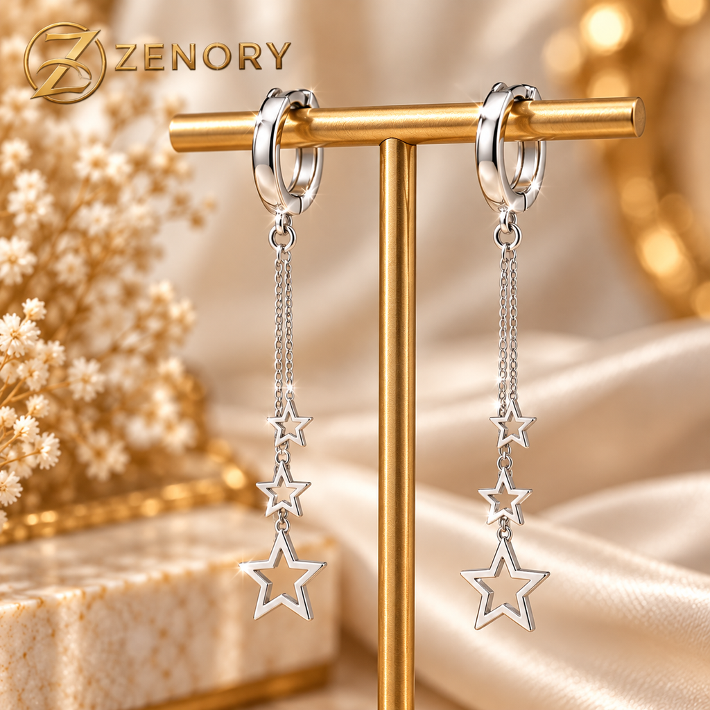 Brinco Longo Estelar Zenory em Prata 925 — Argola com Correntes e Estrelas