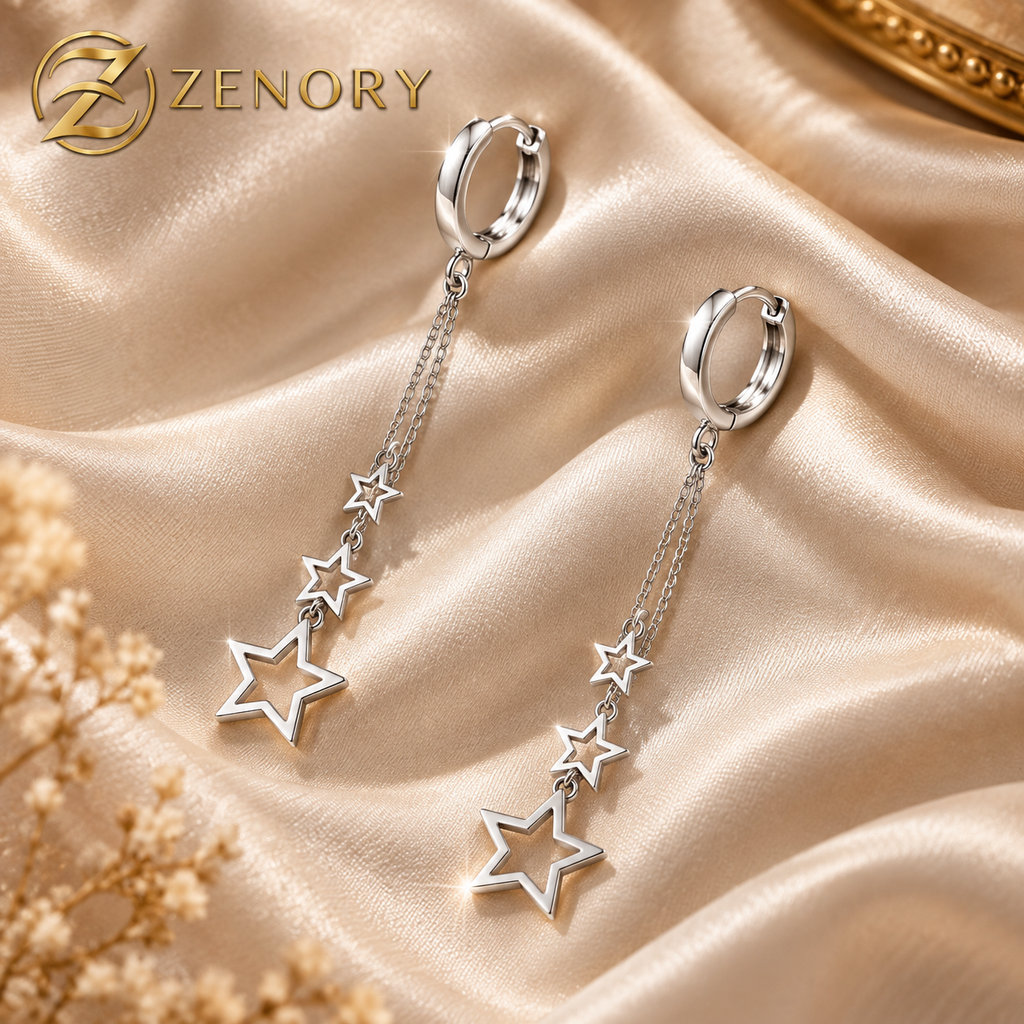 Brinco Longo Estelar Zenory em Prata 925 — Argola com Correntes e Estrelas