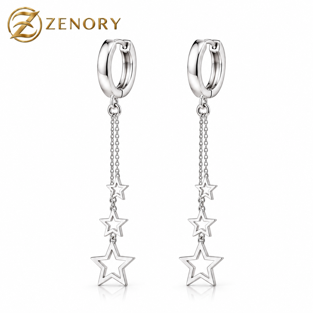 Brinco Longo Estelar Zenory em Prata 925 — Argola com Correntes e Estrelas