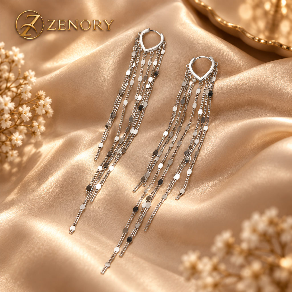 Brinco Longo Zenory em Prata 925 com Correntes e Estrelas — Design Elegante
