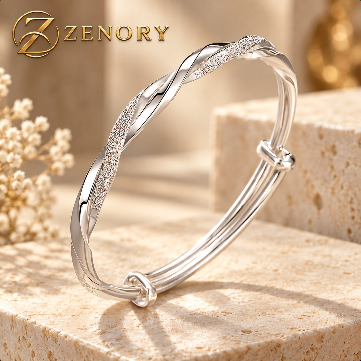 Pulseira Feminina Zenory em Prata Esterlina 925 com Design Torcido Ajustável