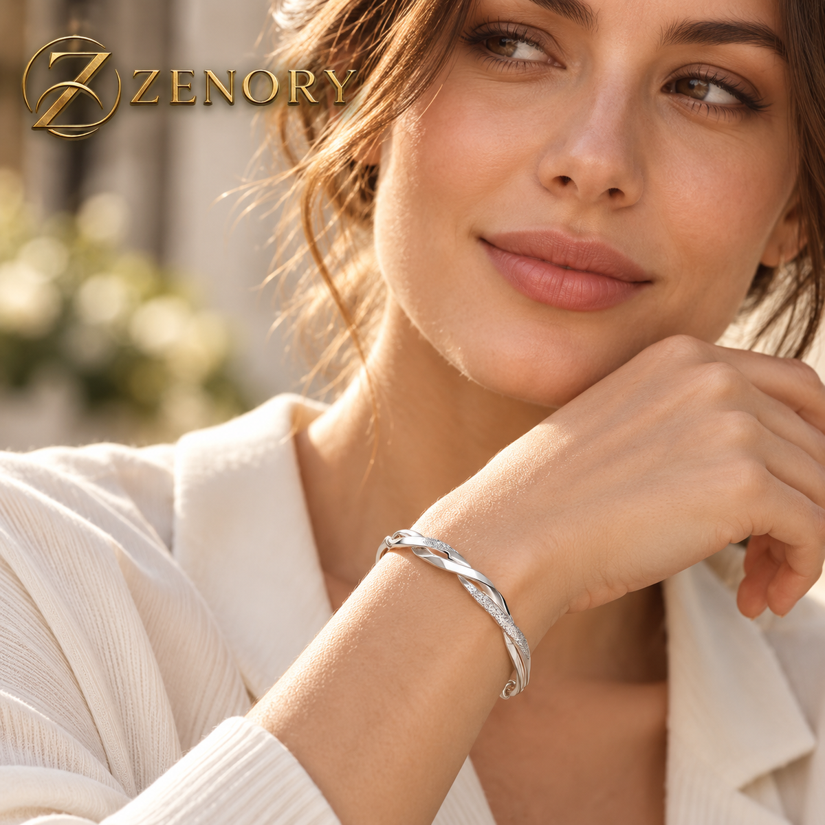 Pulseira Feminina Zenory em Prata Esterlina 925 com Design Torcido Ajustável