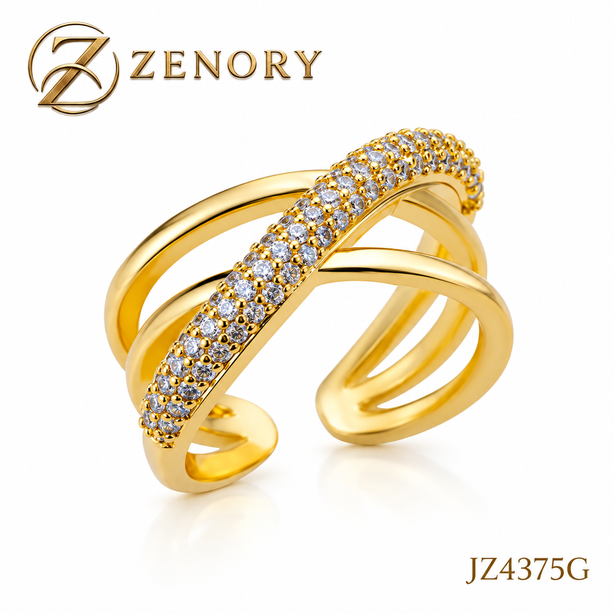 Anel ZENORY Éclat Dourado em Aço Inoxidável com Zircônias Cravejadas – Ajustável