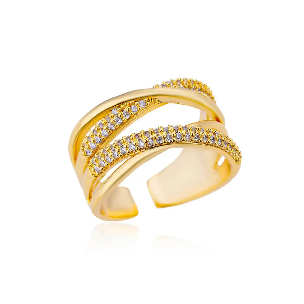 Anel ZENORY Éclat Dourado em Aço Inoxidável com Zircônias Cravejadas – Ajustável