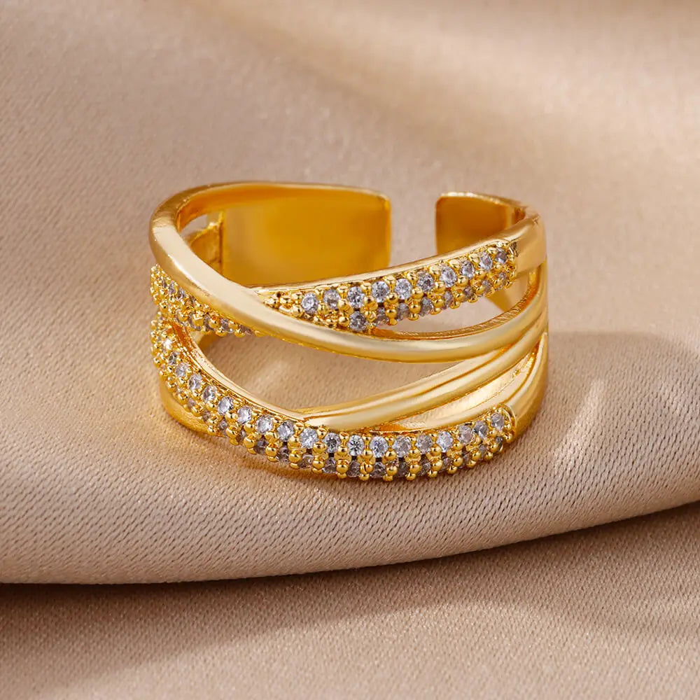 Anel ZENORY Éclat Dourado em Aço Inoxidável com Zircônias Cravejadas – Ajustável