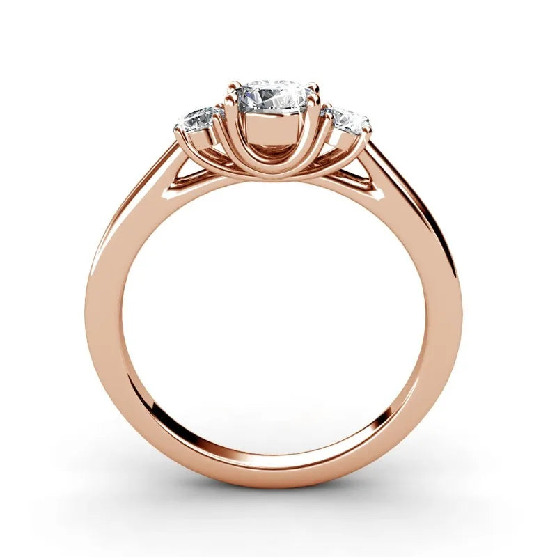 Anel Feminino Três Pedras com Cristais Swarovski Banhado a Ouro Rosé 18K