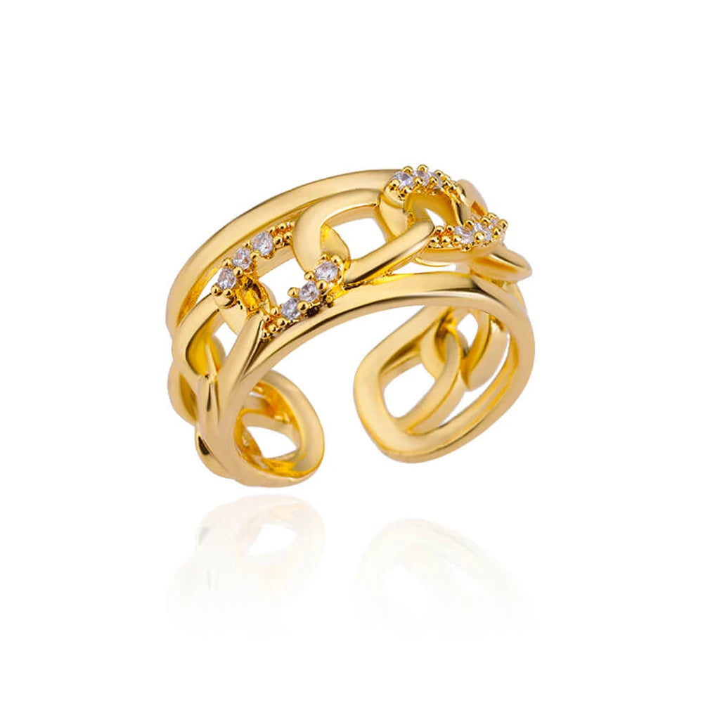 Anel ZENORY Éclat Dourado em Aço Inoxidável com Zircônias Cravejadas – Ajustável