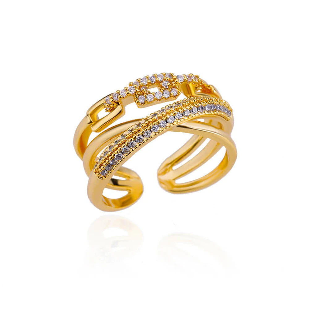 Anel ZENORY Éclat Dourado em Aço Inoxidável com Zircônias Cravejadas – Ajustável