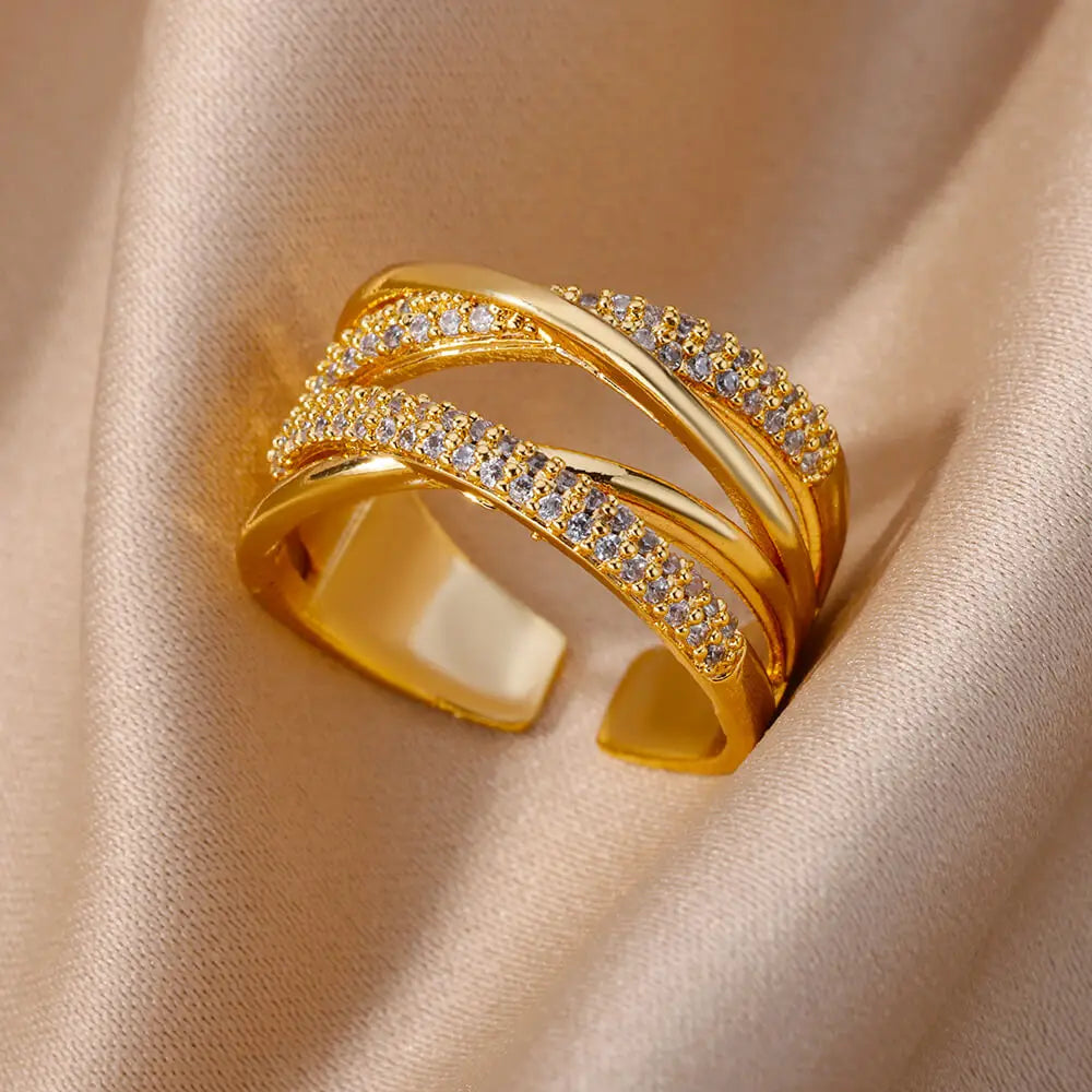 Anel ZENORY Éclat Dourado em Aço Inoxidável com Zircônias Cravejadas – Ajustável