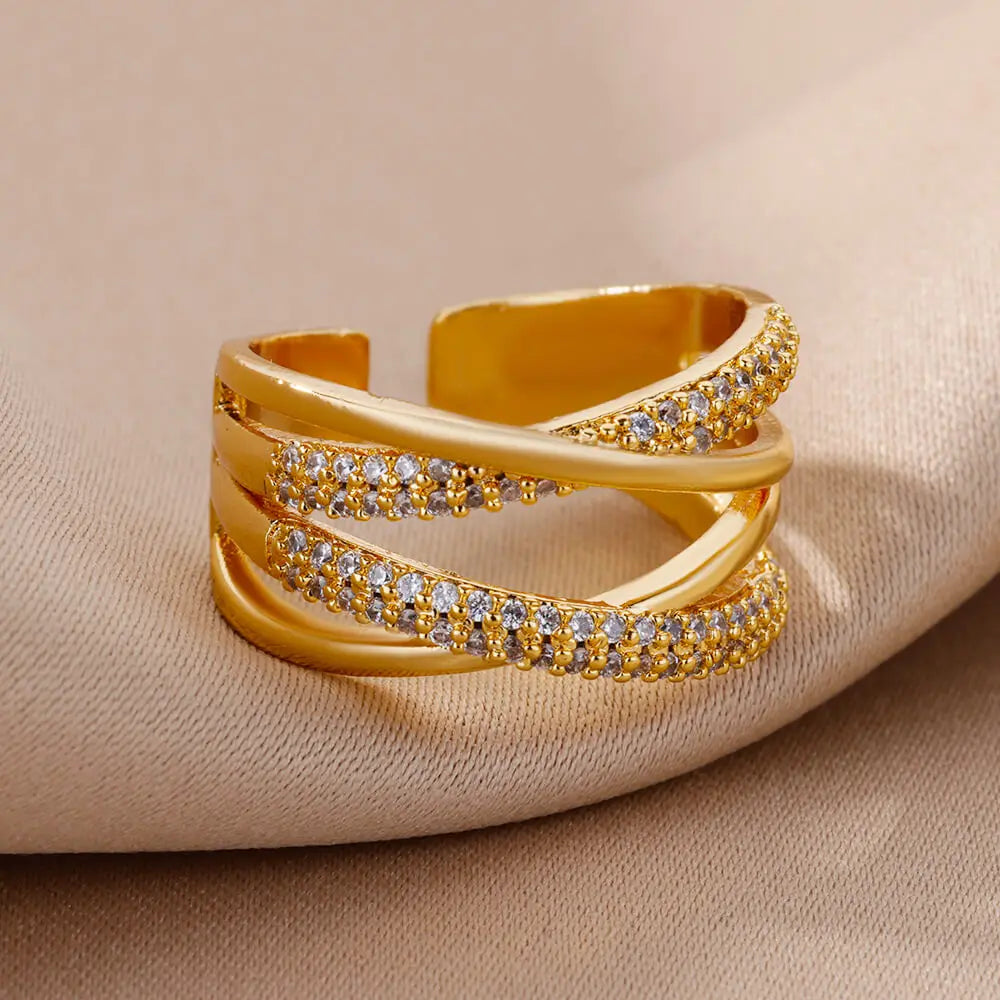 Anel ZENORY Éclat Dourado em Aço Inoxidável com Zircônias Cravejadas – Ajustável