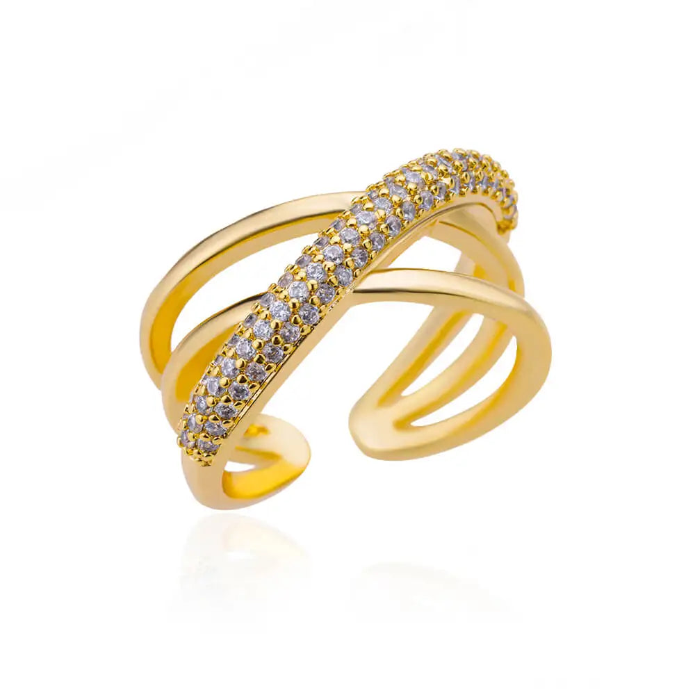 Anel ZENORY Éclat Dourado em Aço Inoxidável com Zircônias Cravejadas – Ajustável