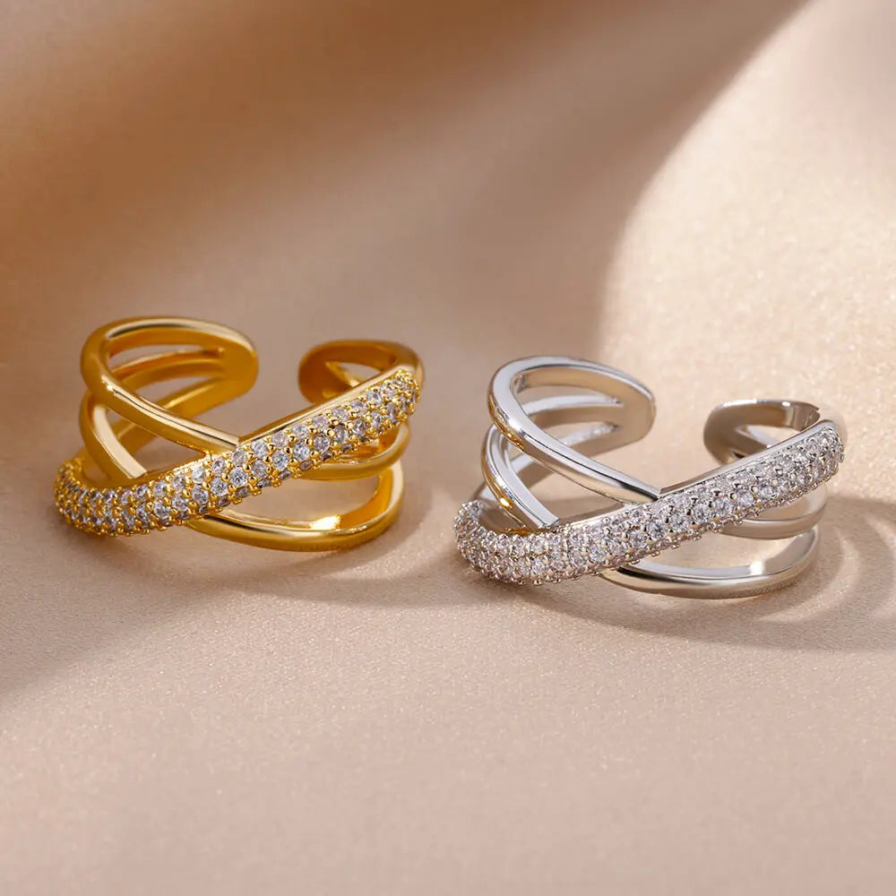 Anel ZENORY Éclat Dourado em Aço Inoxidável com Zircônias Cravejadas – Ajustável