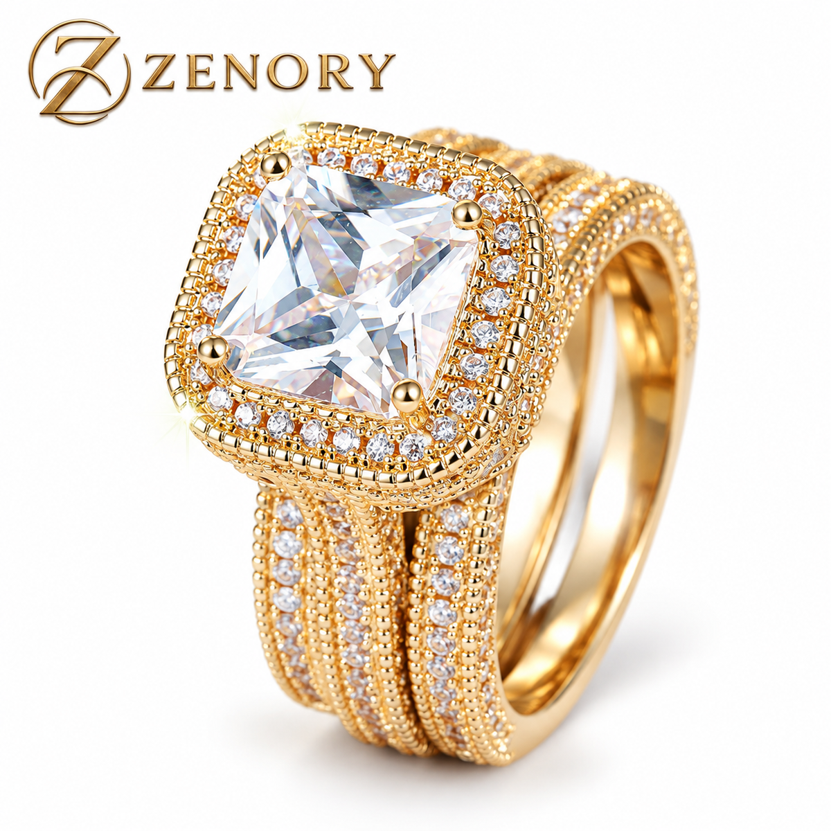 Anel ZENORY Lumière Royale — Zircônia Quadrada com Halo Dourado
